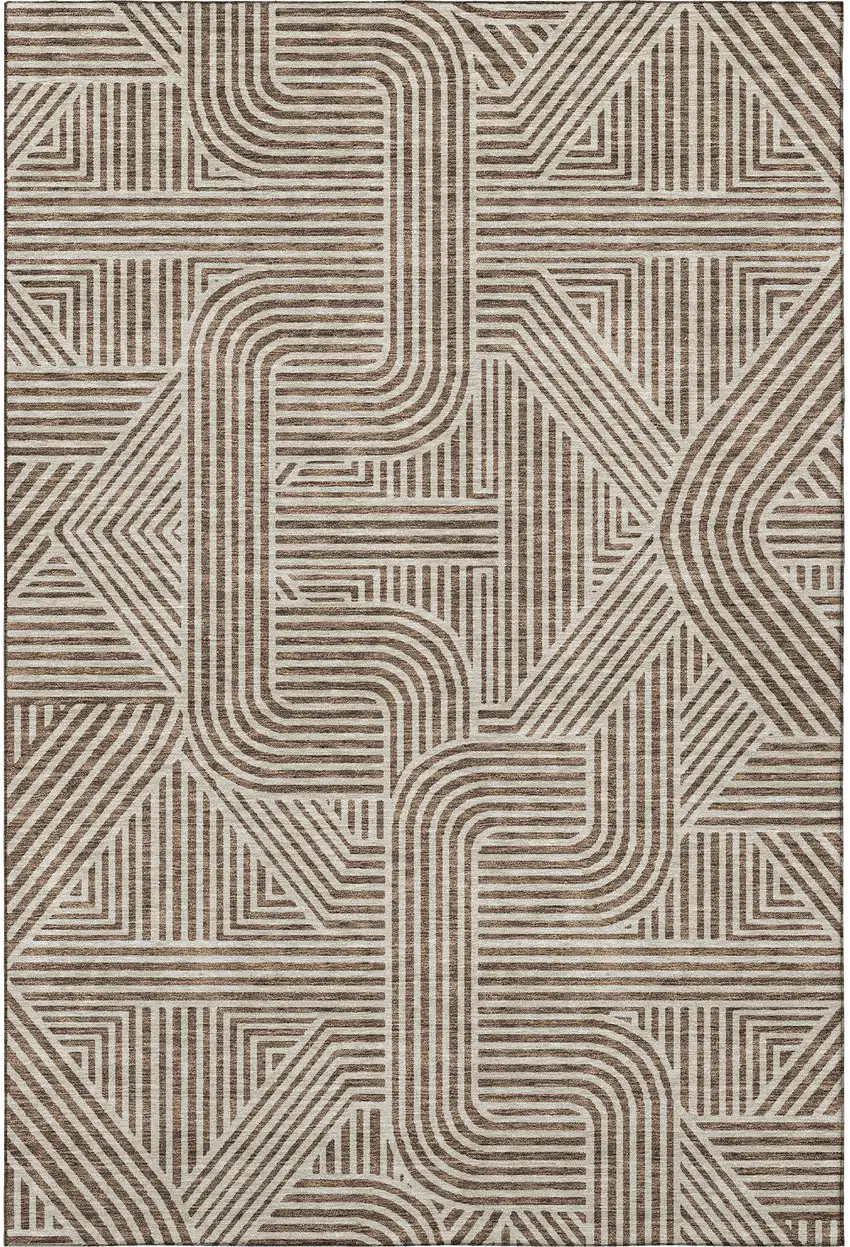 Brown And Ivory Abstract Geometric Washable Area Rug With UV Protection Photo 4