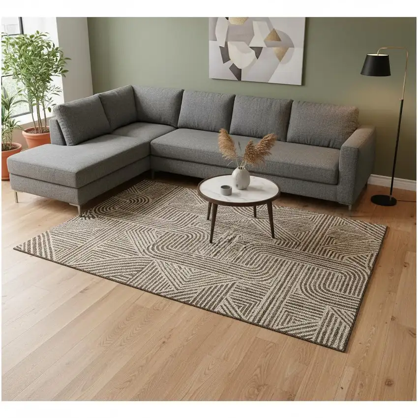 Brown And Ivory Abstract Geometric Washable Area Rug With UV Protection Photo 2