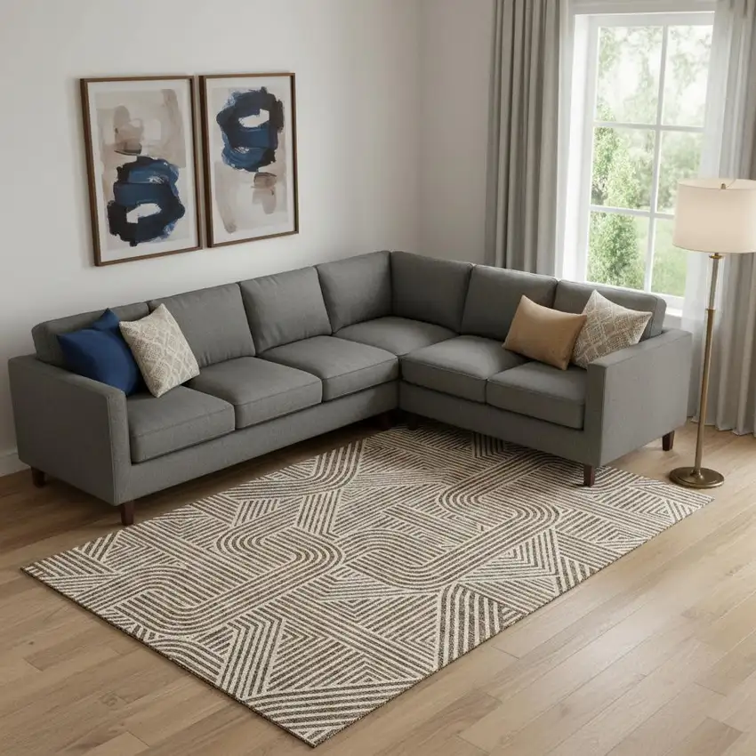 Brown And Ivory Abstract Geometric Washable Area Rug With UV Protection Photo 1