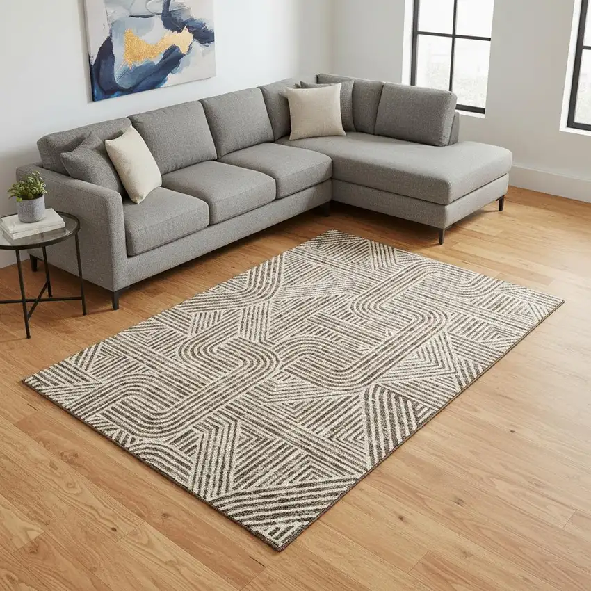 Brown And Ivory Abstract Geometric Washable Area Rug With UV Protection Photo 2