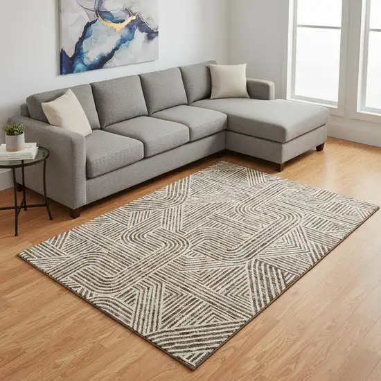 Brown And Ivory Abstract Geometric Washable Area Rug With UV Protection Photo 2