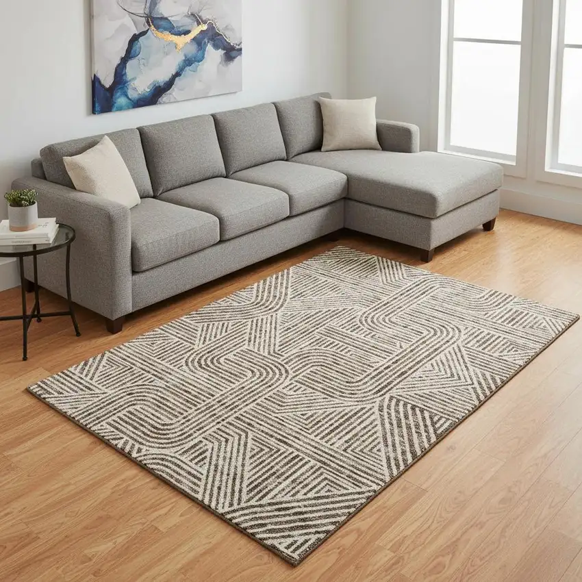 Brown And Ivory Abstract Geometric Washable Area Rug With UV Protection Photo 2