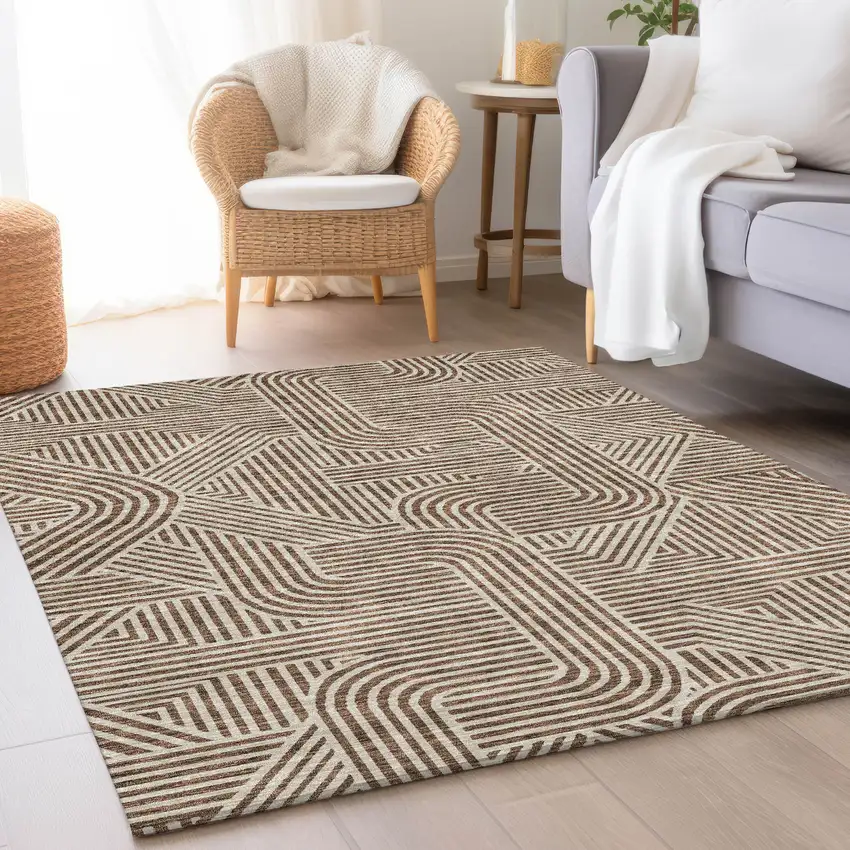Brown And Ivory Abstract Geometric Washable Area Rug With UV Protection Photo 5