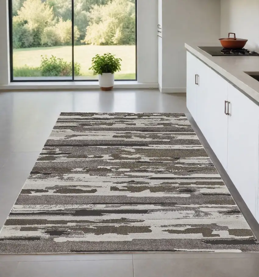 Gray and Ivory Abstract Power Loom Distressed Area Rug Photo 1