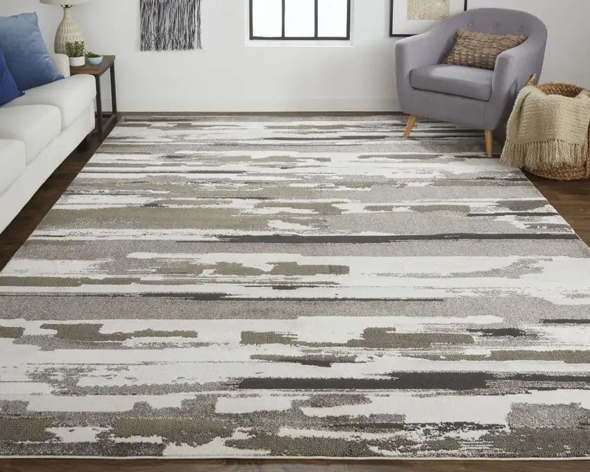 Brown And Ivory Abstract Power Loom Distressed Stain Resistant Area Rug Photo 6