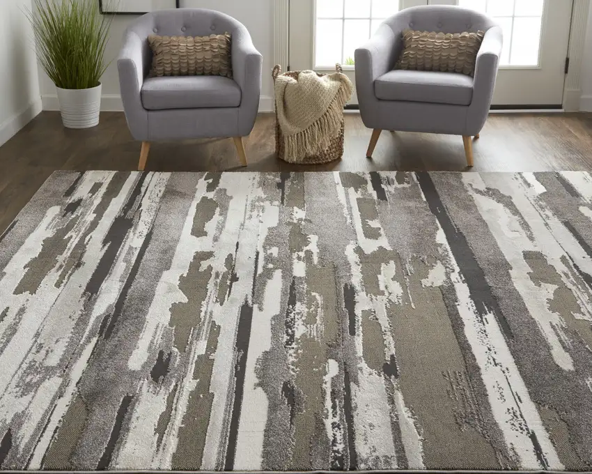 Brown And Ivory Abstract Power Loom Distressed Stain Resistant Area Rug Photo 8