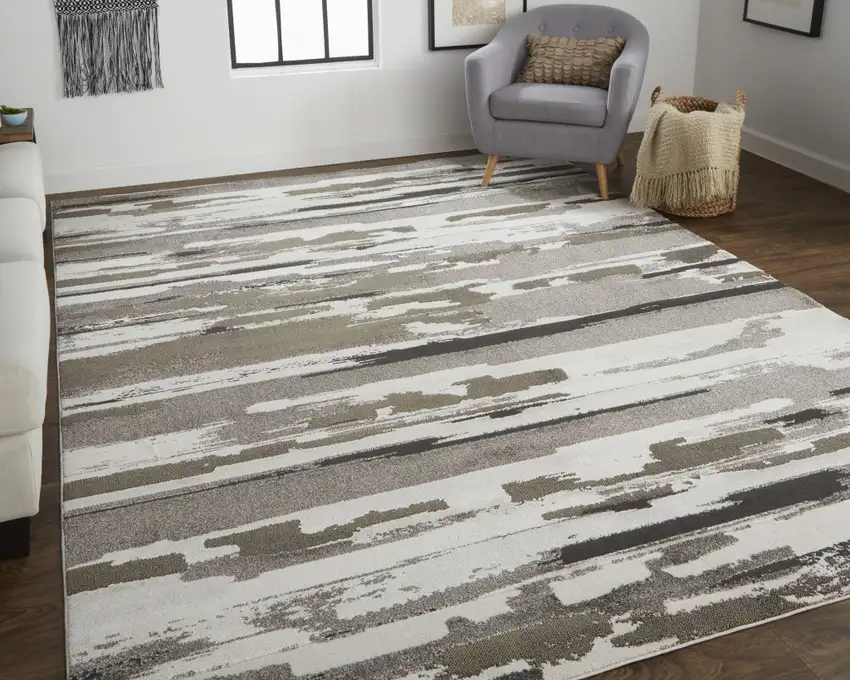 Brown And Ivory Abstract Power Loom Distressed Stain Resistant Area Rug Photo 7