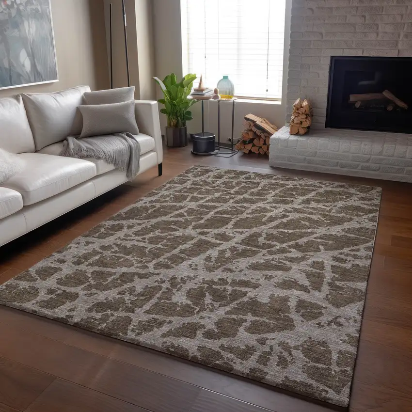 Brown And Ivory Abstract Washable Area Rug With UV Protection Photo 6