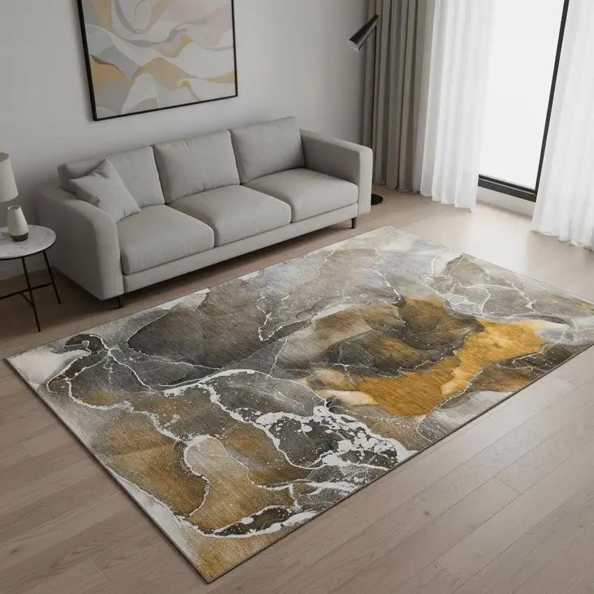 Brown And Ivory Abstract Washable Area Rug With UV Protection Photo 2