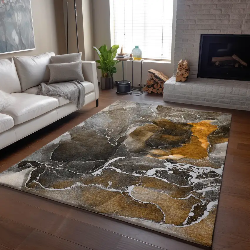 Brown And Ivory Abstract Washable Area Rug With UV Protection Photo 7