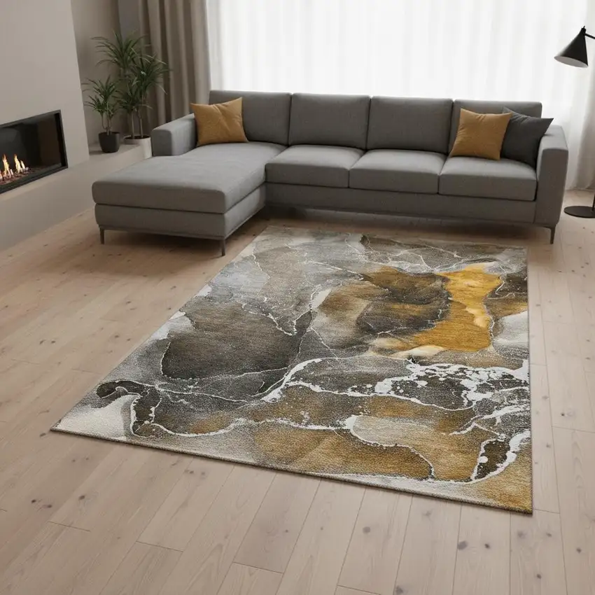 Brown And Ivory Abstract Washable Area Rug With UV Protection Photo 3