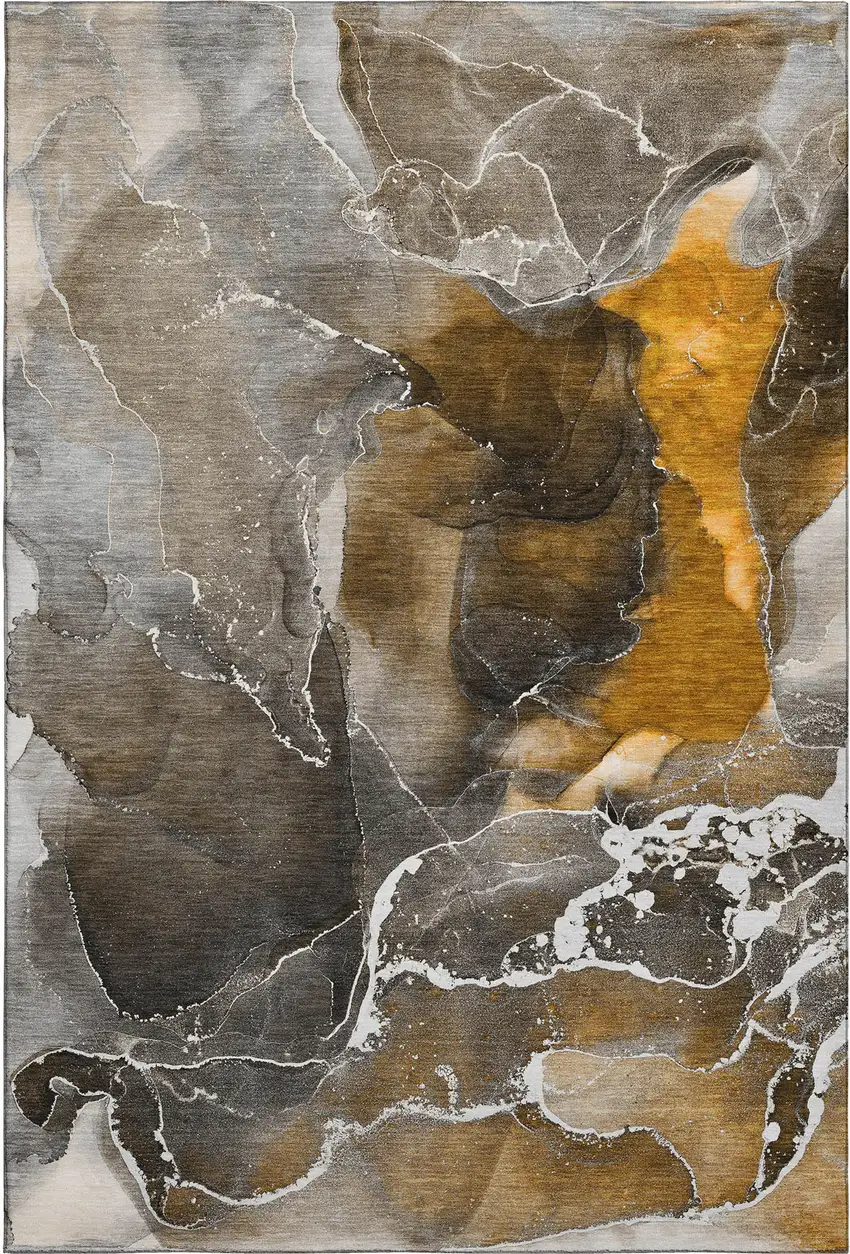 Brown And Ivory Abstract Washable Area Rug With UV Protection Photo 1