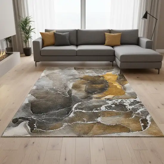 Brown And Ivory Abstract Washable Area Rug With UV Protection Photo 2