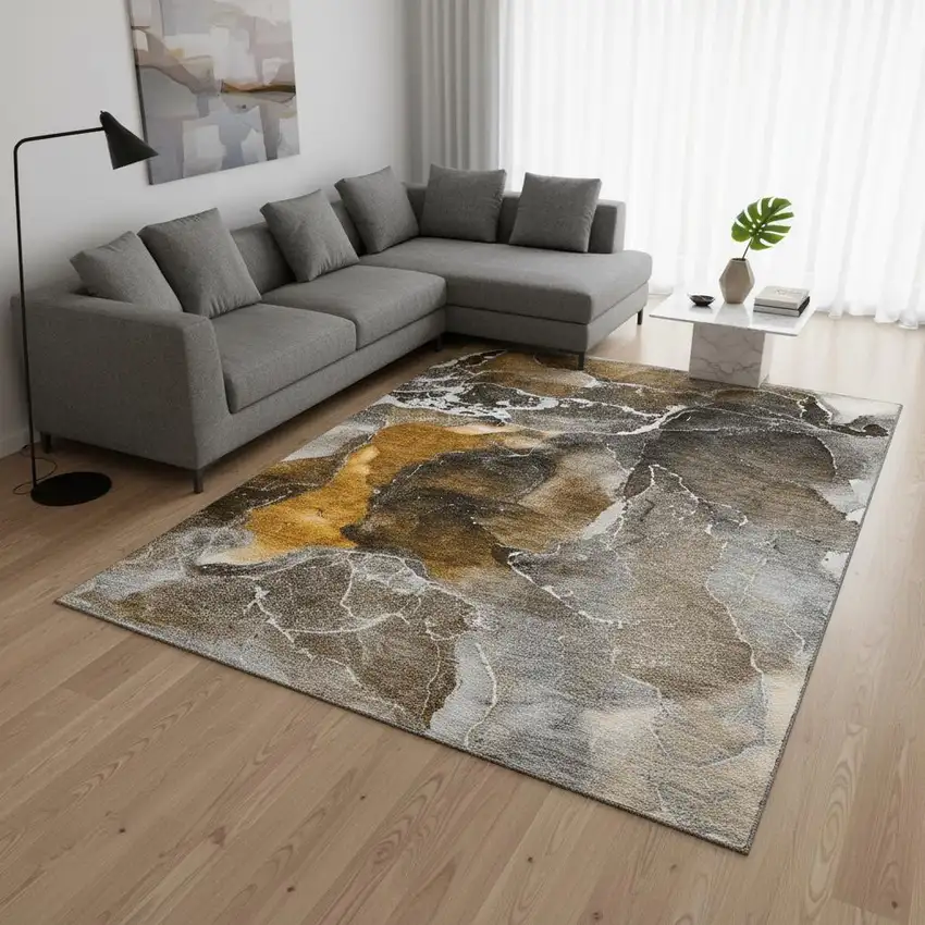 Brown And Ivory Abstract Washable Area Rug With UV Protection Photo 2