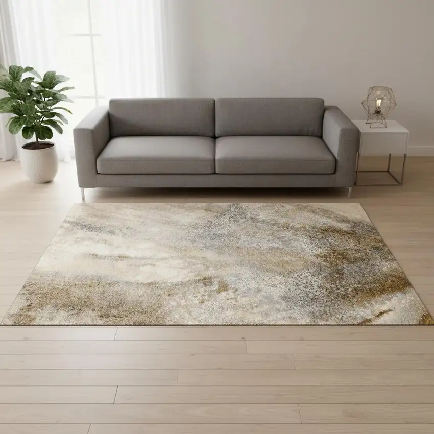 Brown And Ivory Abstract Washable Area Rug With UV Protection Photo 1