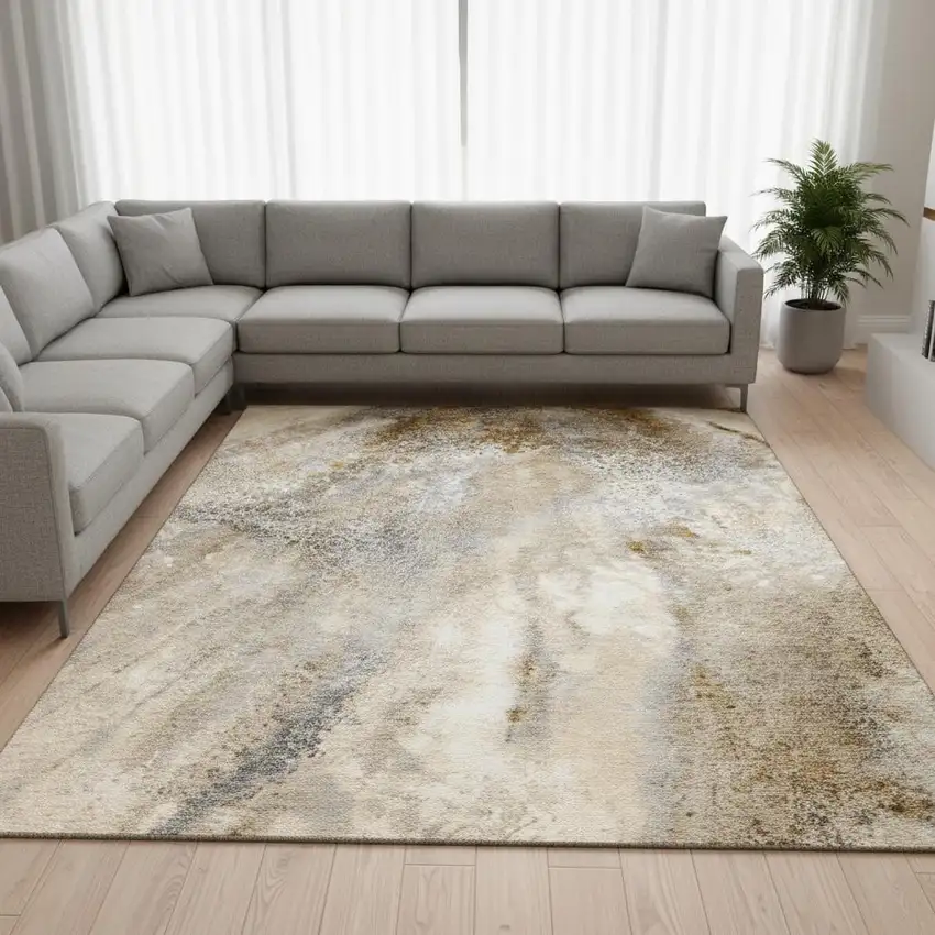 Brown And Ivory Abstract Washable Area Rug With UV Protection Photo 1