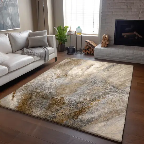 Brown And Ivory Abstract Washable Area Rug With UV Protection Photo 5