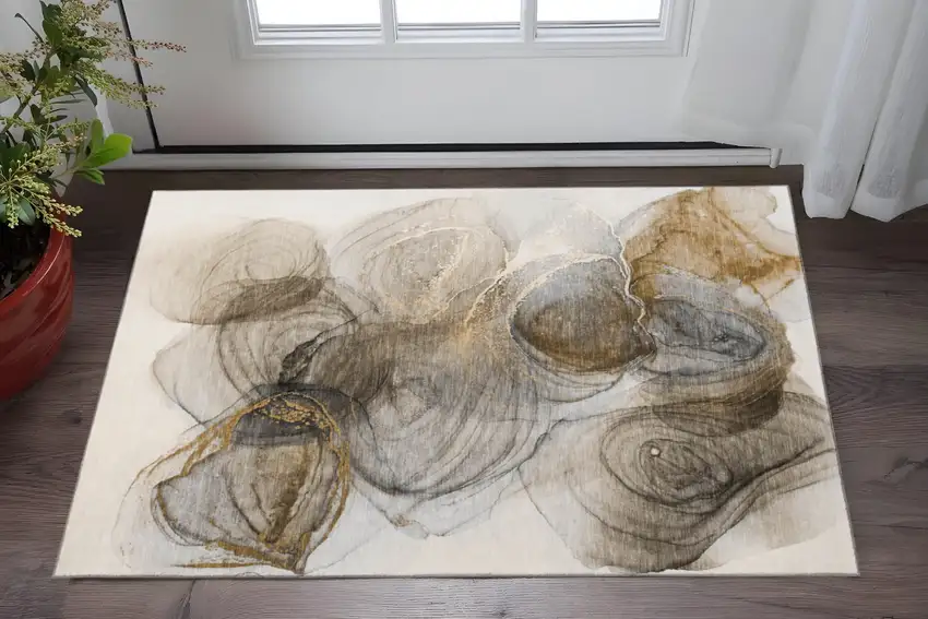 Brown And Ivory Abstract Washable Area Rug With UV Protection Photo 3