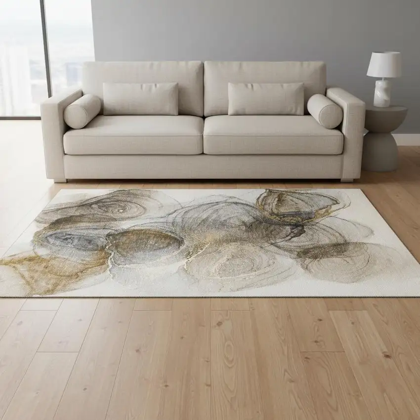 Brown And Ivory Abstract Washable Area Rug With UV Protection Photo 1