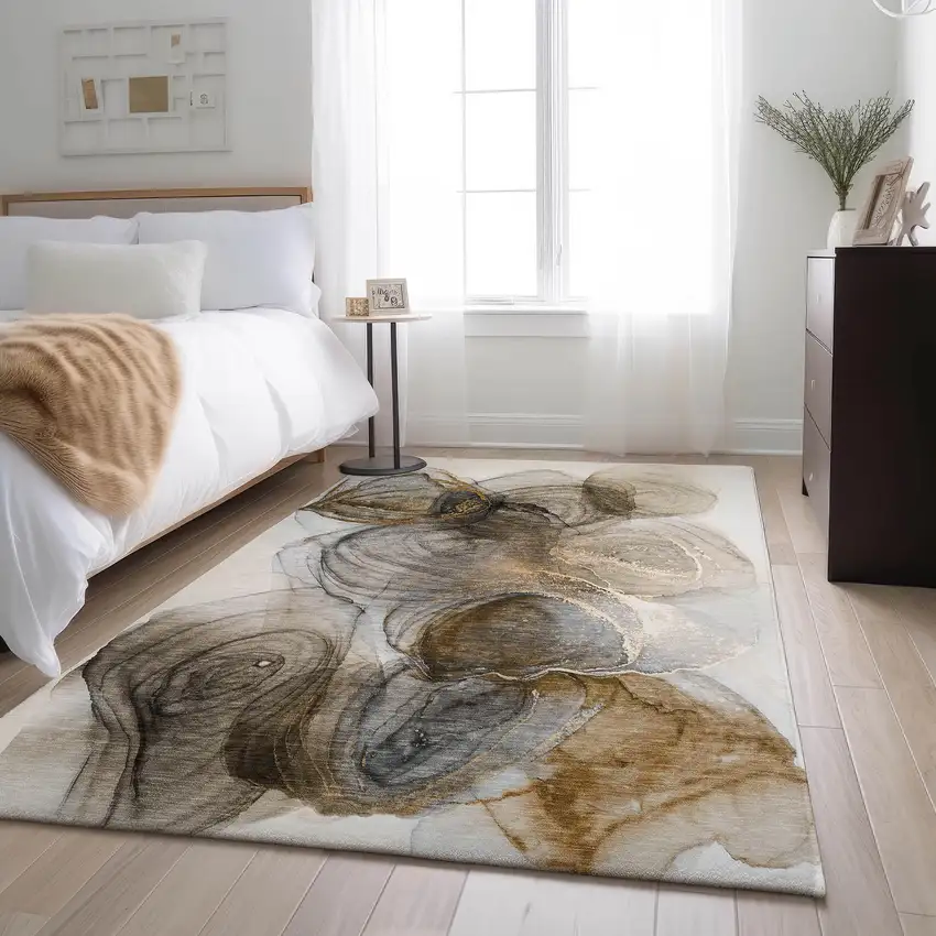 Brown And Ivory Abstract Washable Area Rug With UV Protection Photo 6