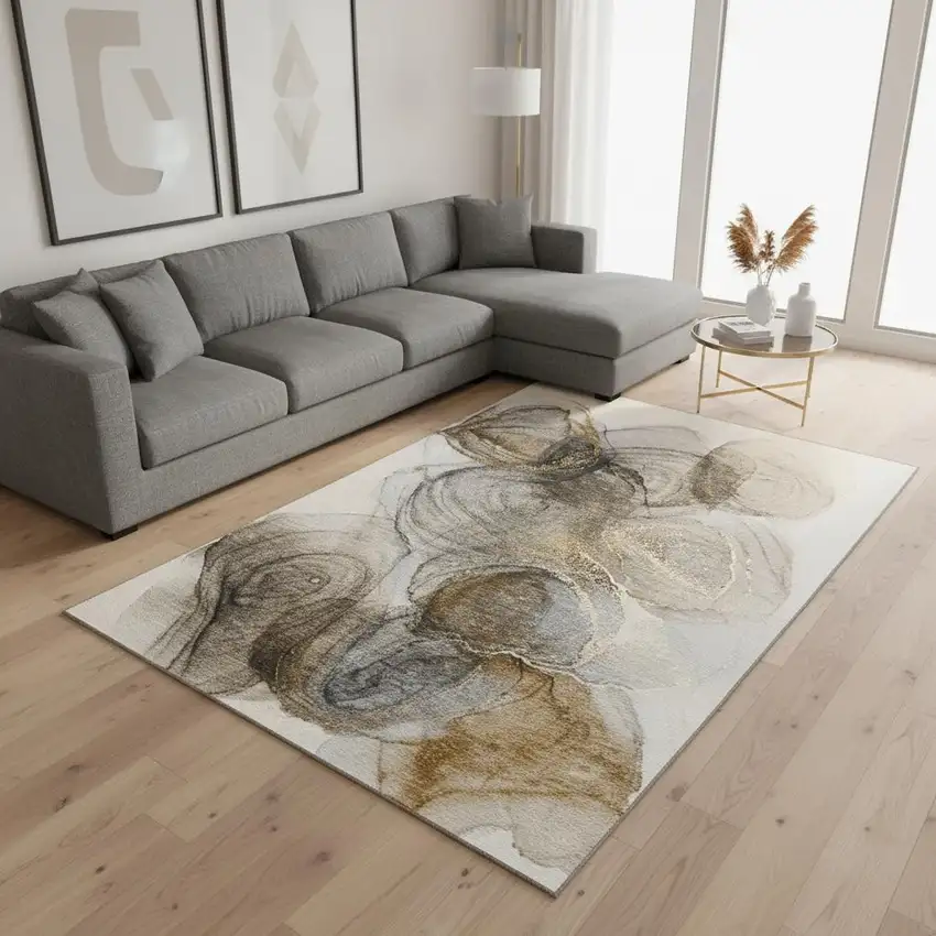 Brown And Ivory Abstract Washable Area Rug With UV Protection Photo 2