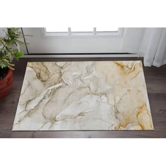 Brown And Ivory Abstract Washable Area Rug With UV Protection Photo 2