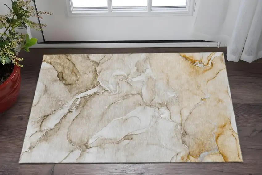 Brown And Ivory Abstract Washable Area Rug With UV Protection Photo 2