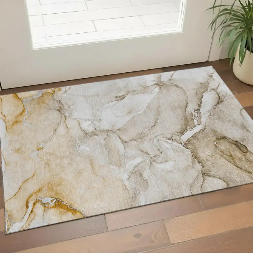 Brown And Ivory Abstract Washable Area Rug With UV Protection Photo 1