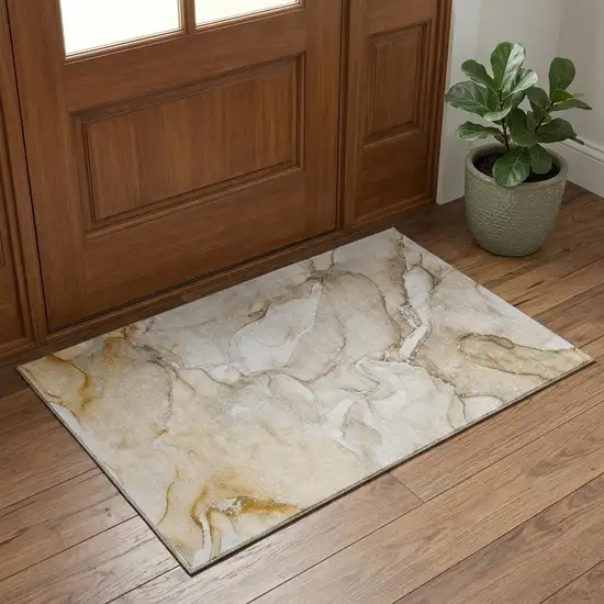 Brown And Ivory Abstract Washable Area Rug With UV Protection Photo 1