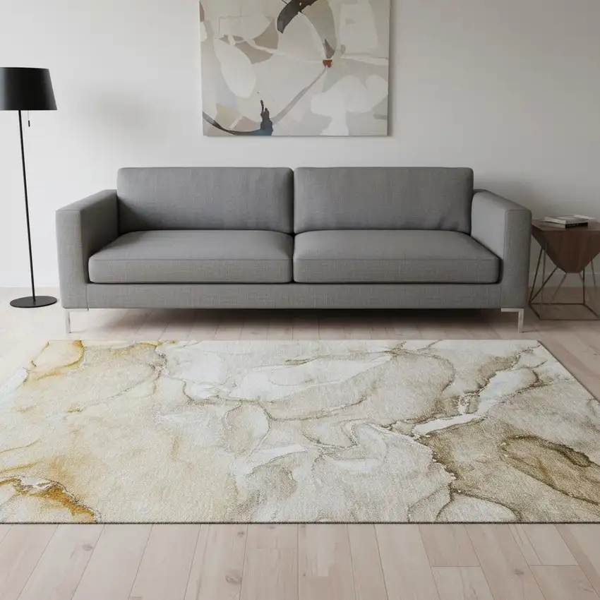 Brown And Ivory Abstract Washable Area Rug With UV Protection Photo 1