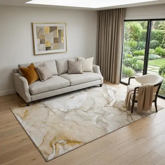 Brown And Ivory Abstract Washable Area Rug With UV Protection Photo 1