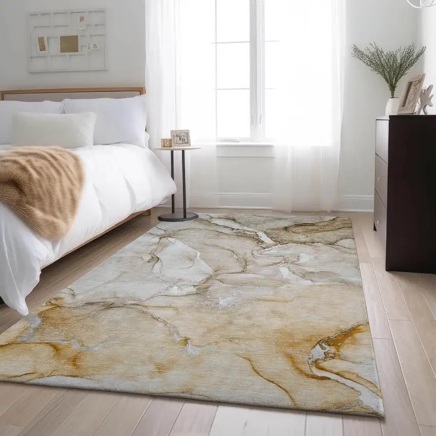 Brown And Ivory Abstract Washable Area Rug With UV Protection Photo 5