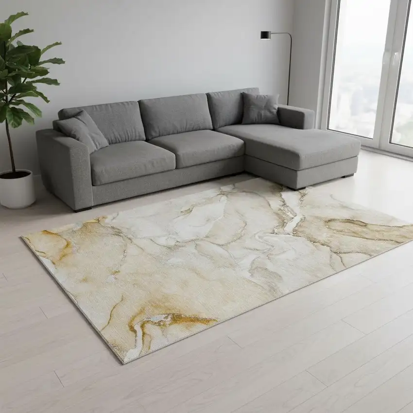 Brown And Ivory Abstract Washable Area Rug With UV Protection Photo 1