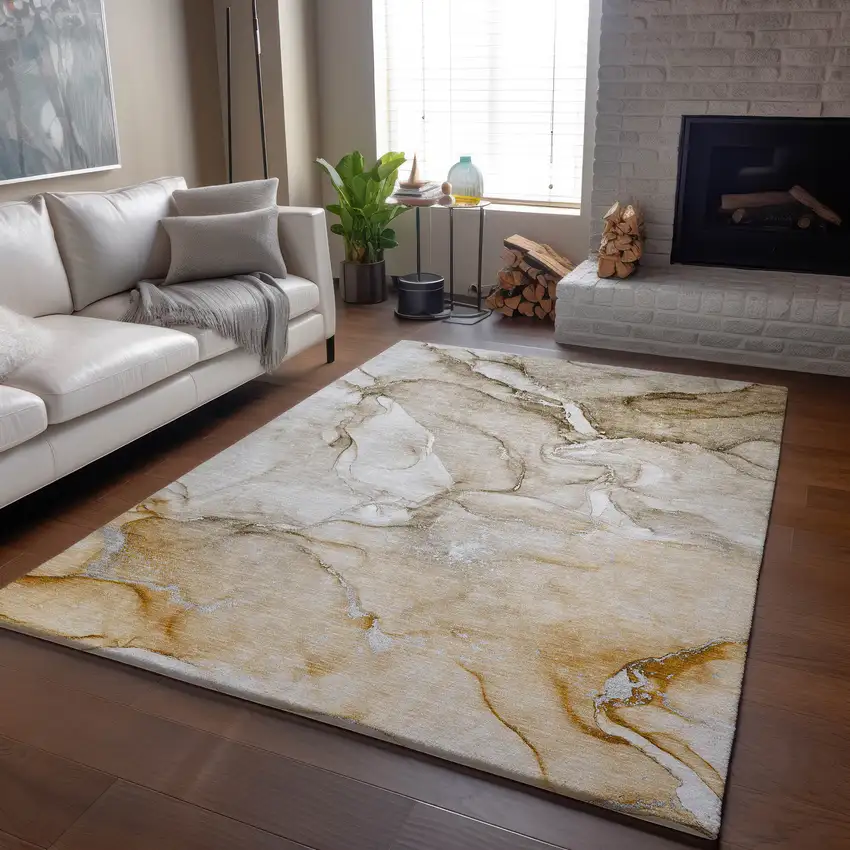 Brown And Ivory Abstract Washable Area Rug With UV Protection Photo 6