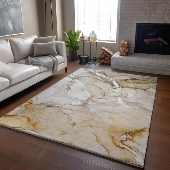 Brown And Ivory Abstract Washable Area Rug With UV Protection Photo 5