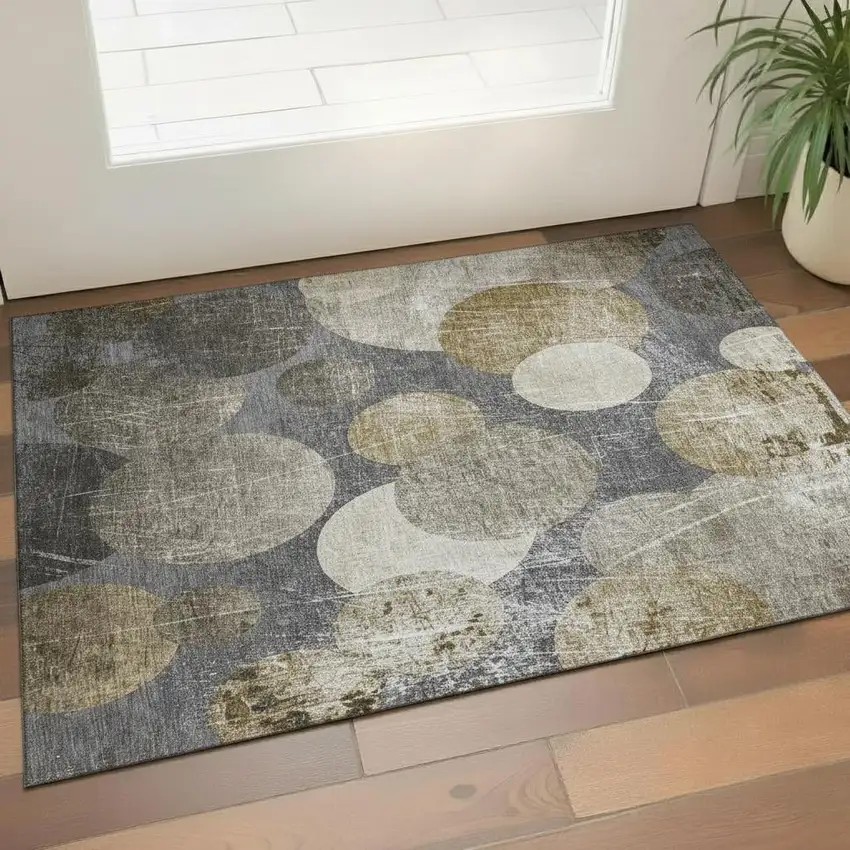 Brown And Ivory Abstract Washable Area Rug With UV Protection Photo 1