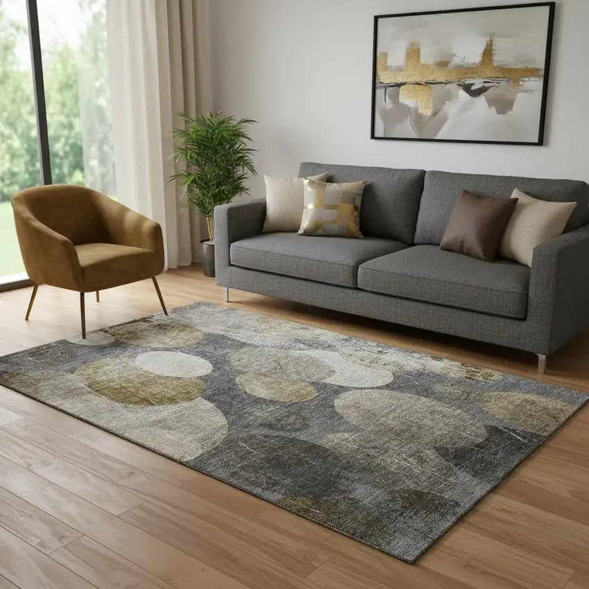 Brown And Ivory Abstract Washable Area Rug With UV Protection Photo 1