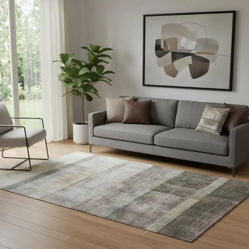 Brown And Ivory Abstract Washable Area Rug With UV Protection Photo 1