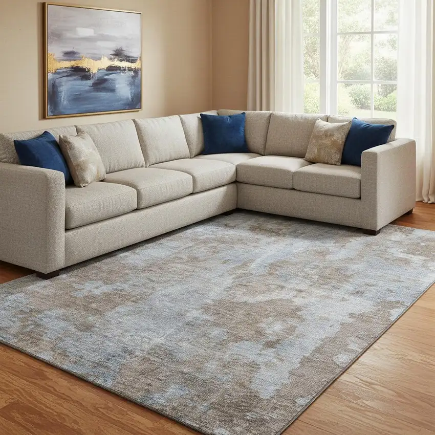 Brown And Ivory Abstract Washable Area Rug With UV Protection Photo 1