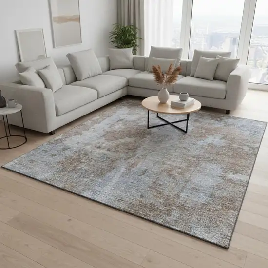 Brown And Ivory Abstract Washable Area Rug With UV Protection Photo 2