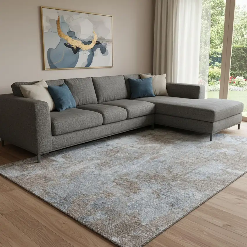 Brown And Ivory Abstract Washable Area Rug With UV Protection Photo 1