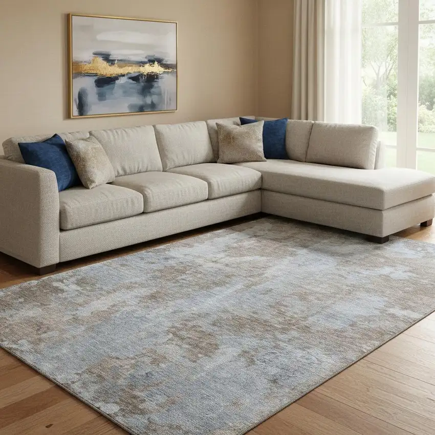 Brown And Ivory Abstract Washable Area Rug With UV Protection Photo 1