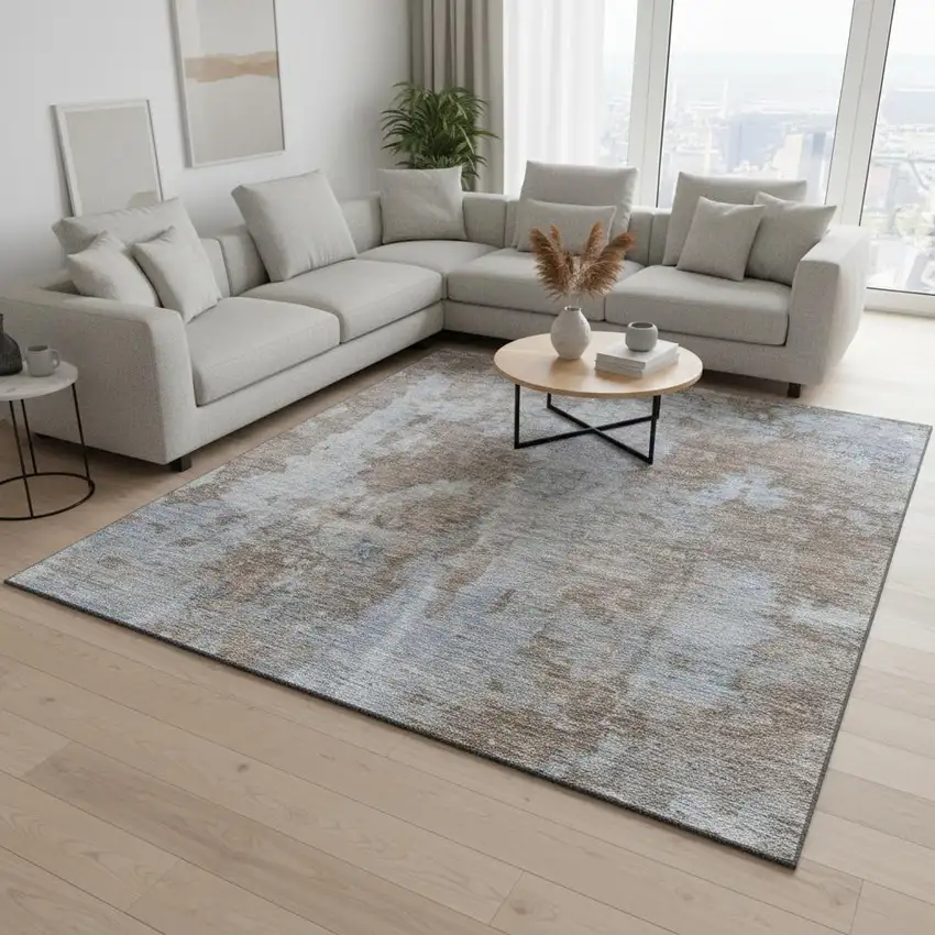 Brown And Ivory Abstract Washable Area Rug With UV Protection Photo 2