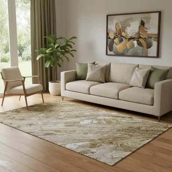 Brown And Ivory Abstract Washable Area Rug With UV Protection Photo 1