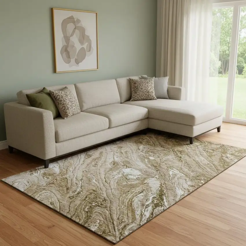 Brown And Ivory Abstract Washable Area Rug With UV Protection Photo 2