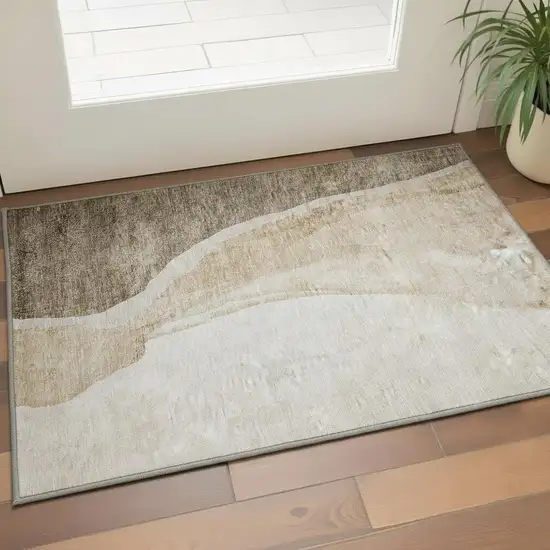 Brown And Ivory Abstract Washable Area Rug With UV Protection Photo 2