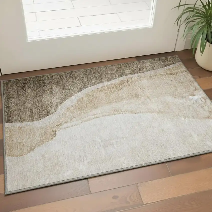 Brown And Ivory Abstract Washable Area Rug With UV Protection Photo 2