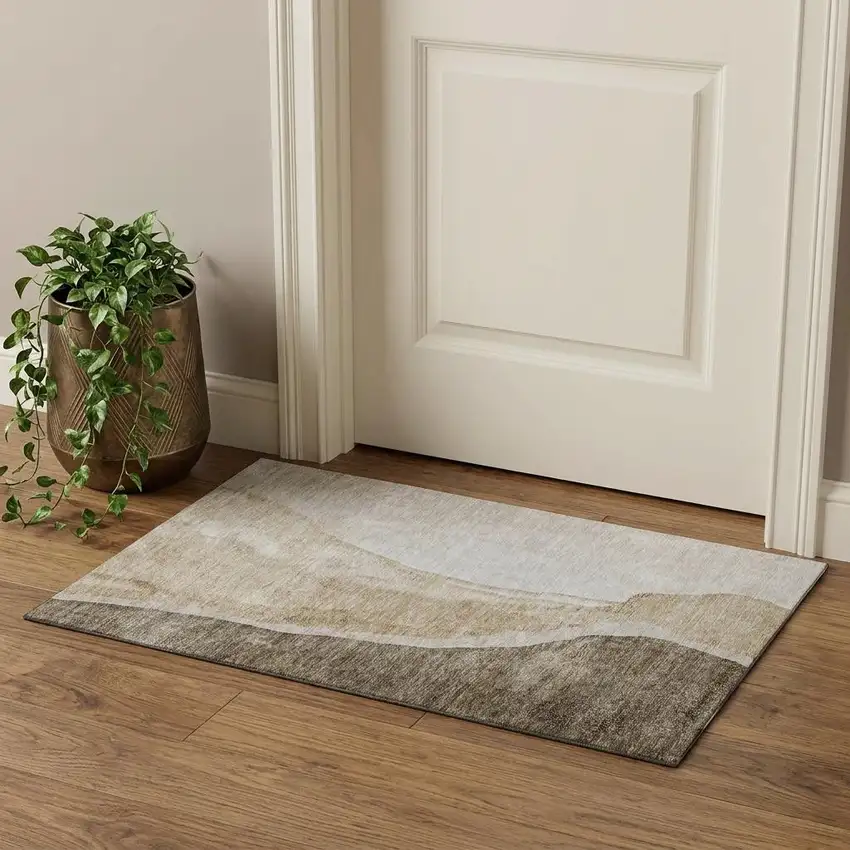 Brown And Ivory Abstract Washable Area Rug With UV Protection Photo 1
