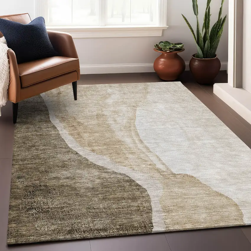 Brown And Ivory Abstract Washable Area Rug With UV Protection Photo 6