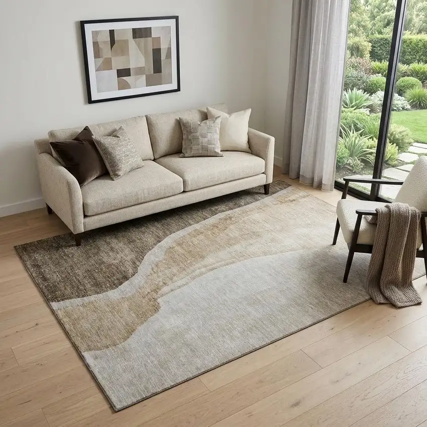 Brown And Ivory Abstract Washable Area Rug With UV Protection Photo 1